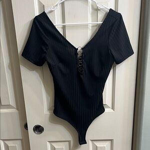 Black Ribbed Bodysuit with Ring Detail